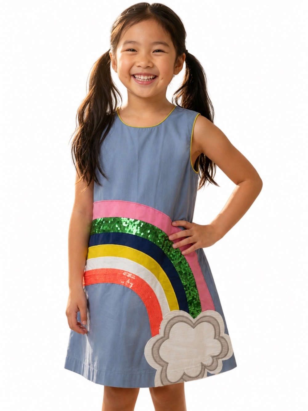 MINI BODEN, Kids Rainbow Embroidered Dress - Blue with Multicolor Sequin Arcs